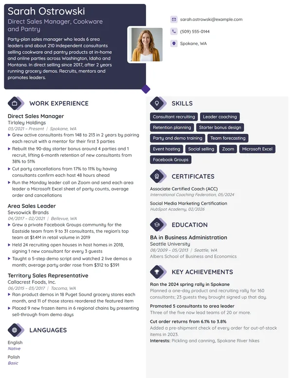 Direct Sales Manager resume example