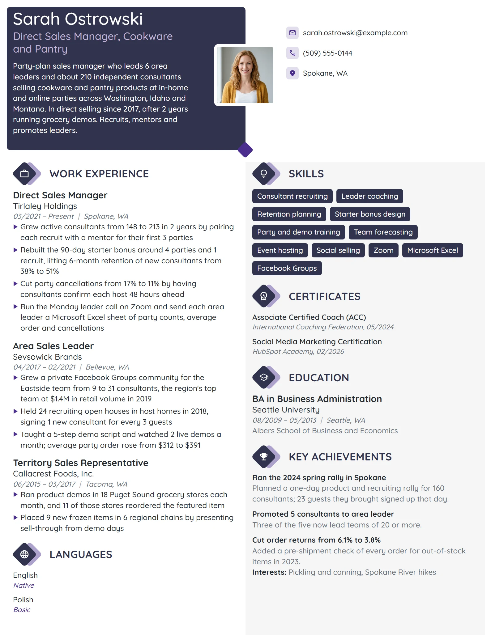 Direct Sales Manager resume example