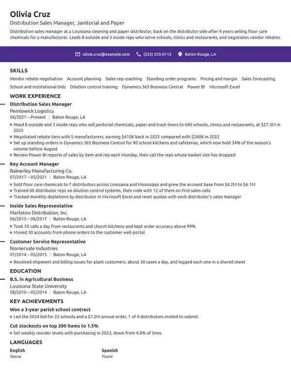 Distribution Sales Manager resume example