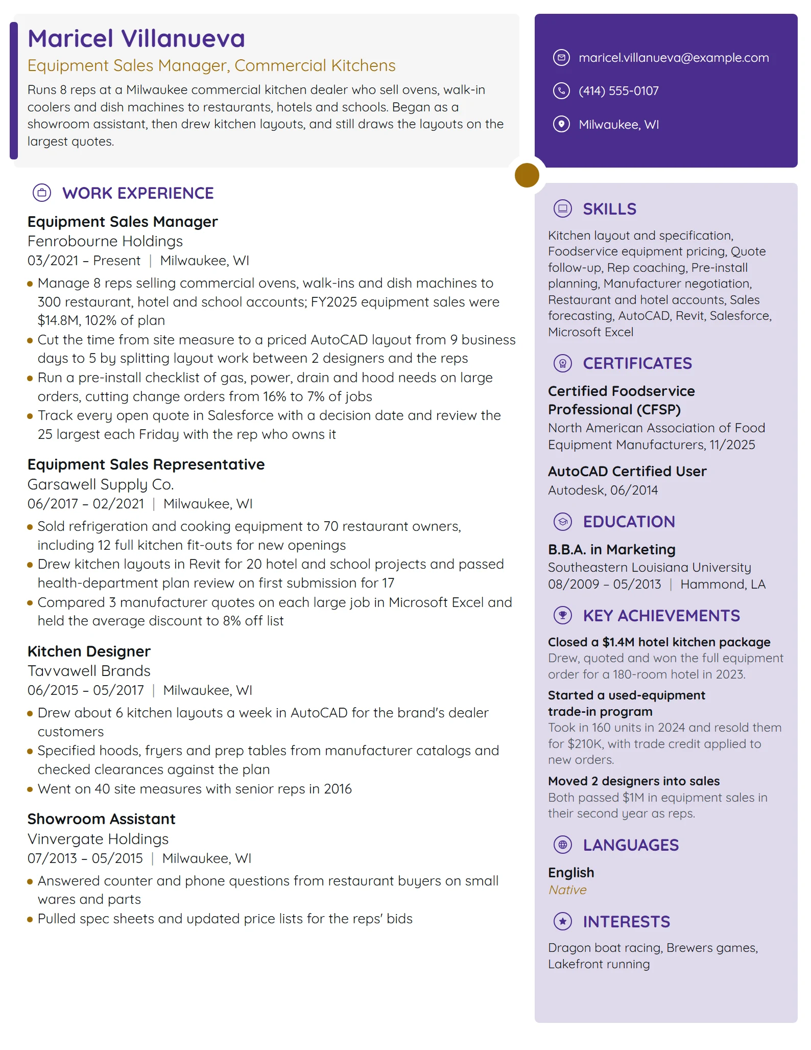 Equipment Sales Manager resume example