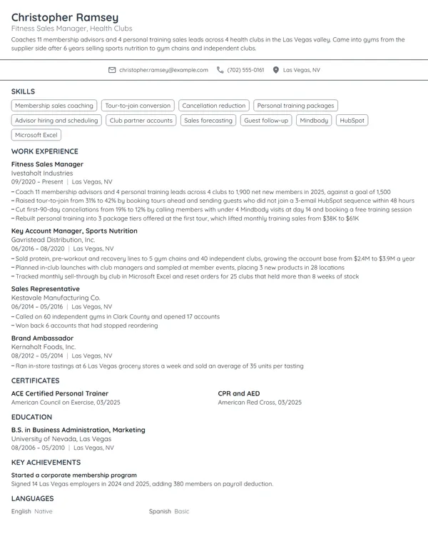Fitness Sales Manager resume example