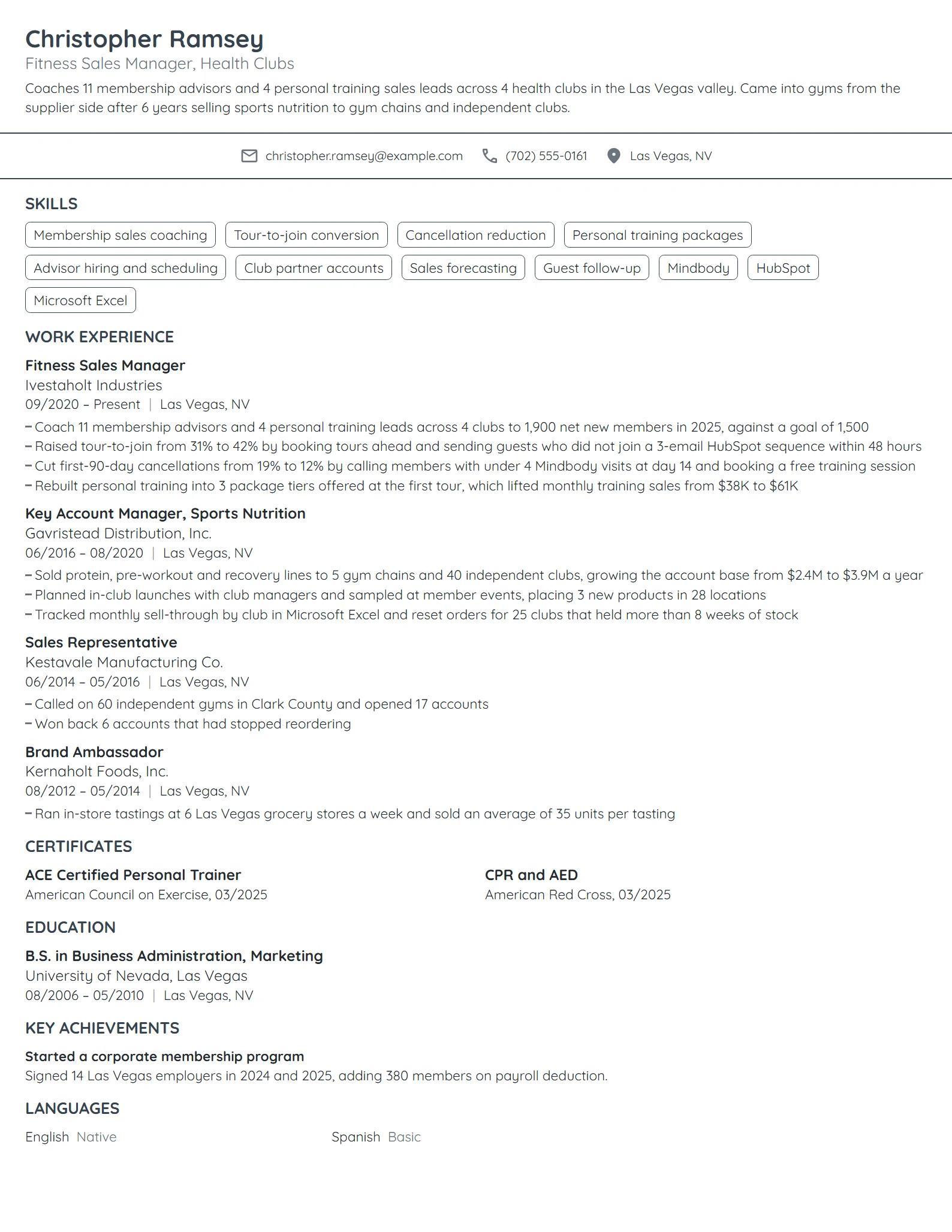 Fitness Sales Manager resume example