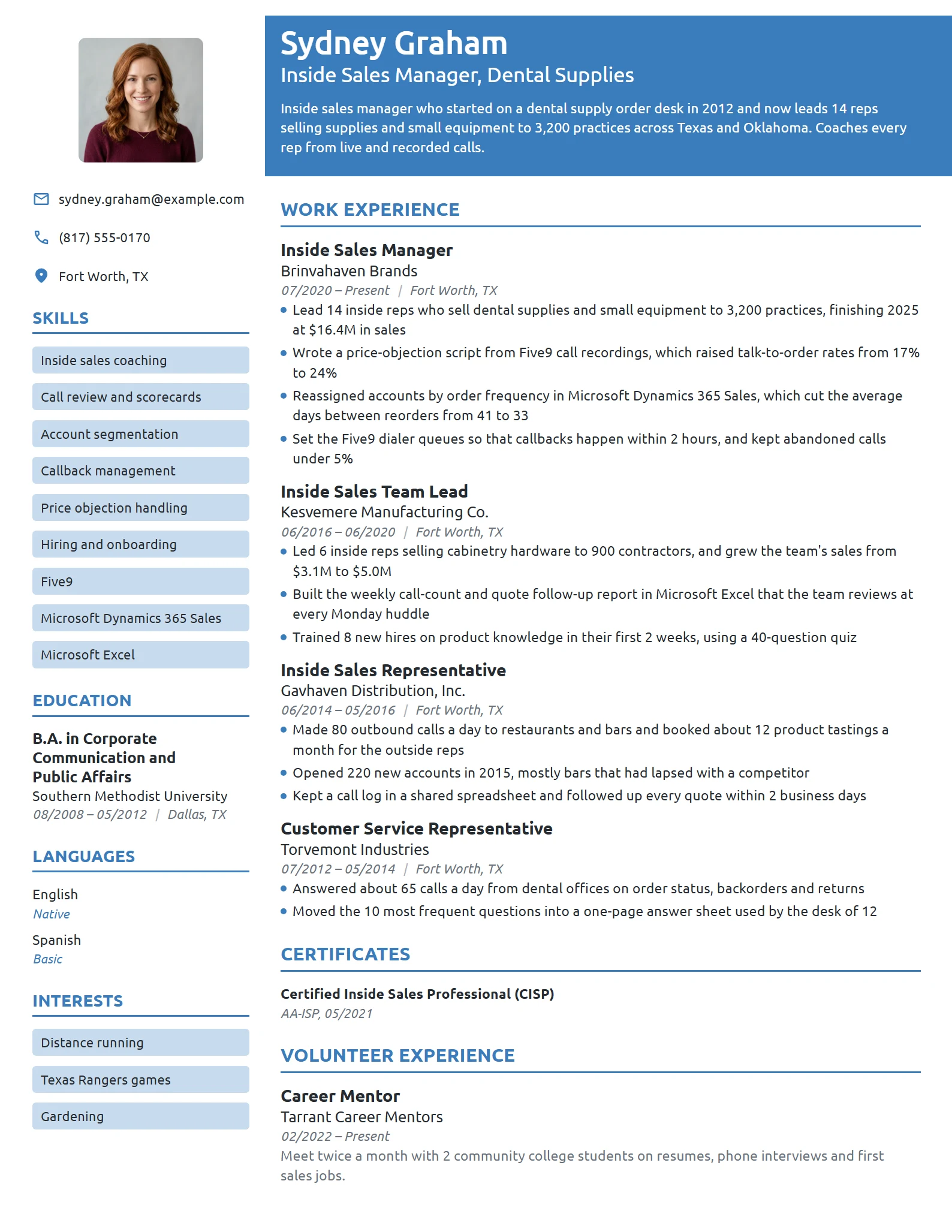 Inside Sales Manager resume example
