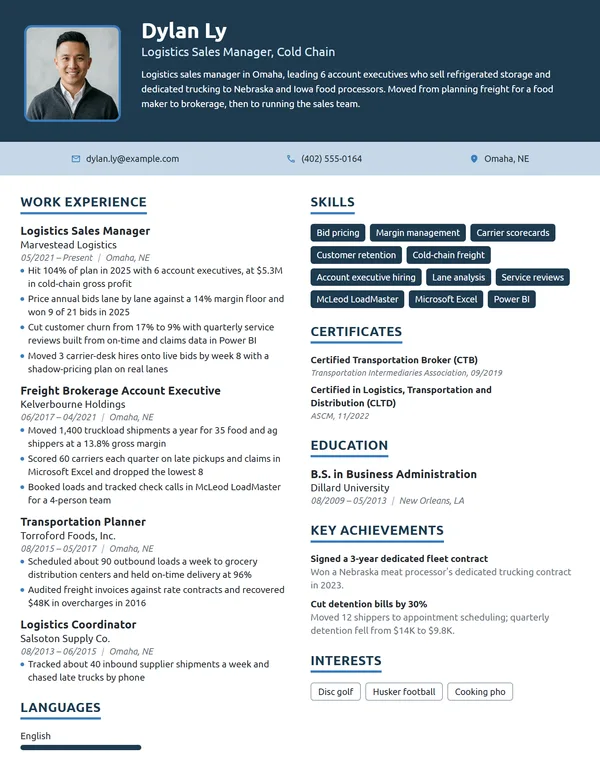 Logistics Sales Manager resume example
