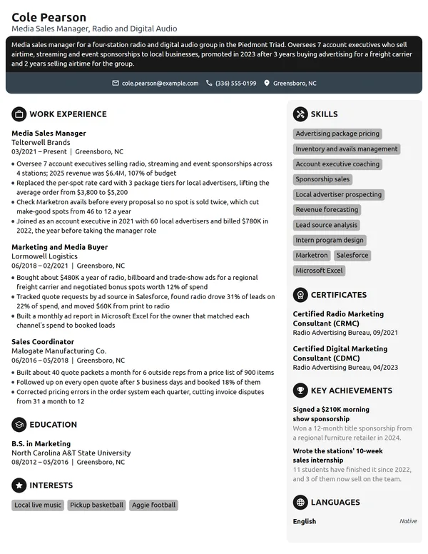 Media Sales Manager resume example