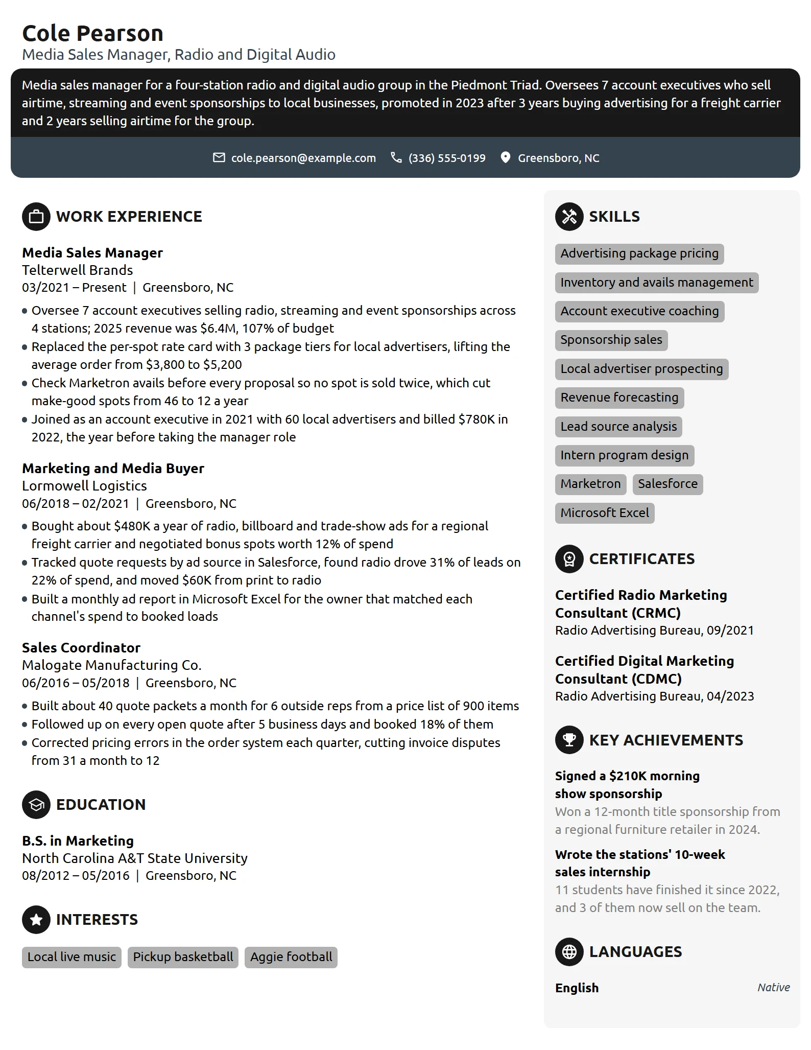Media Sales Manager resume example