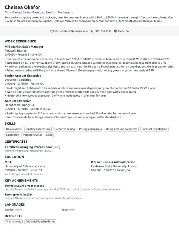 Mid-Market Sales Manager resume example