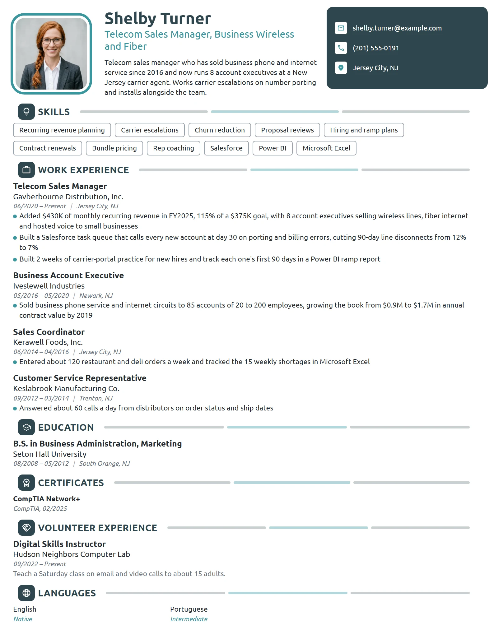 Telecom Sales Manager resume example