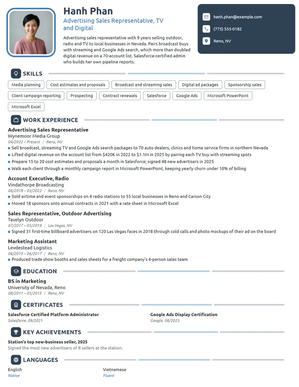 Advertising Sales Representative resume example