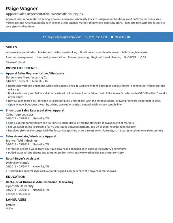 Apparel Sales Representative resume example