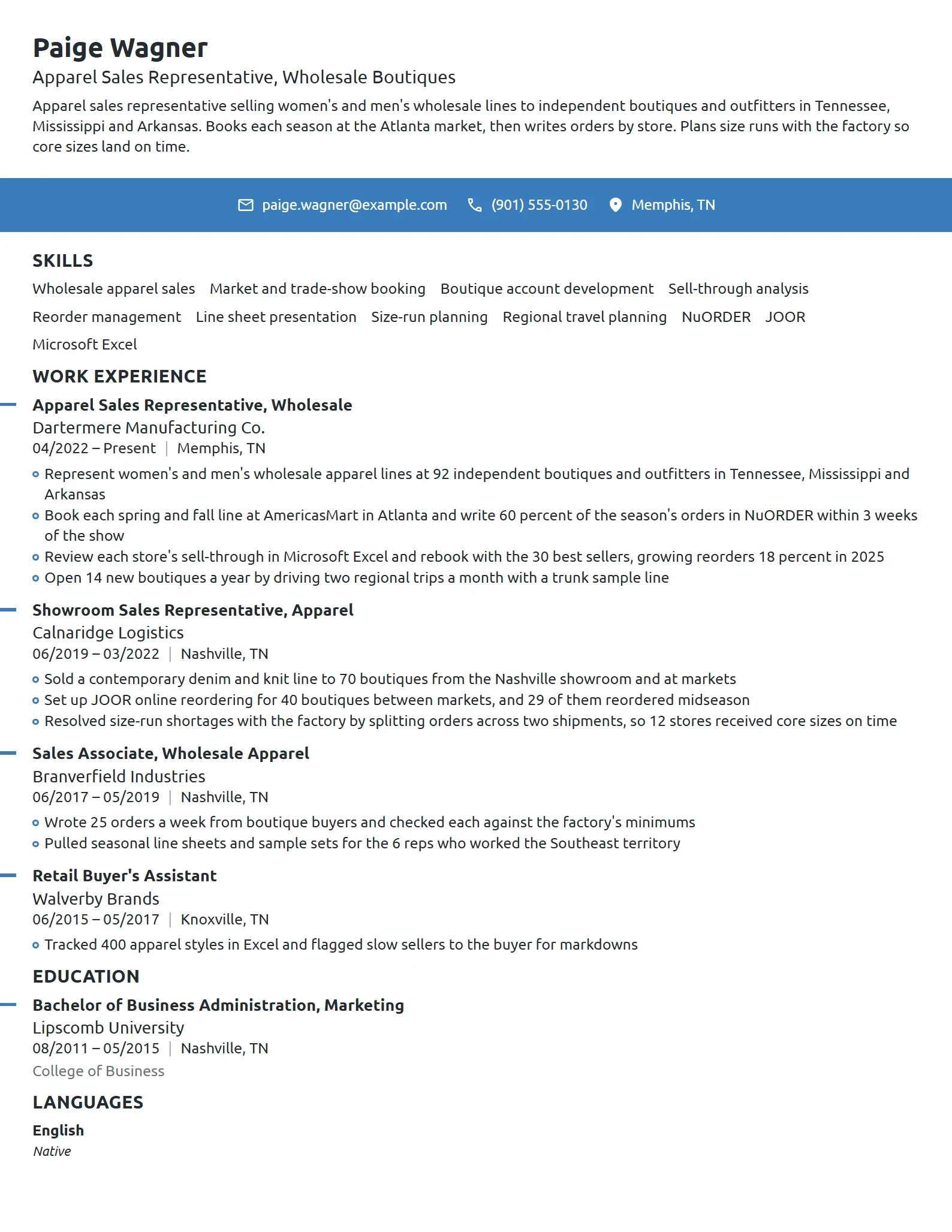 Apparel Sales Representative resume example