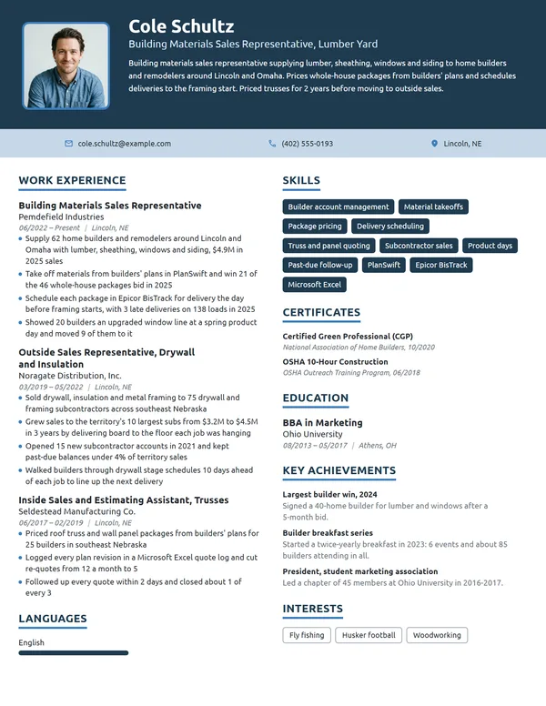 Building Materials Sales Representative resume example