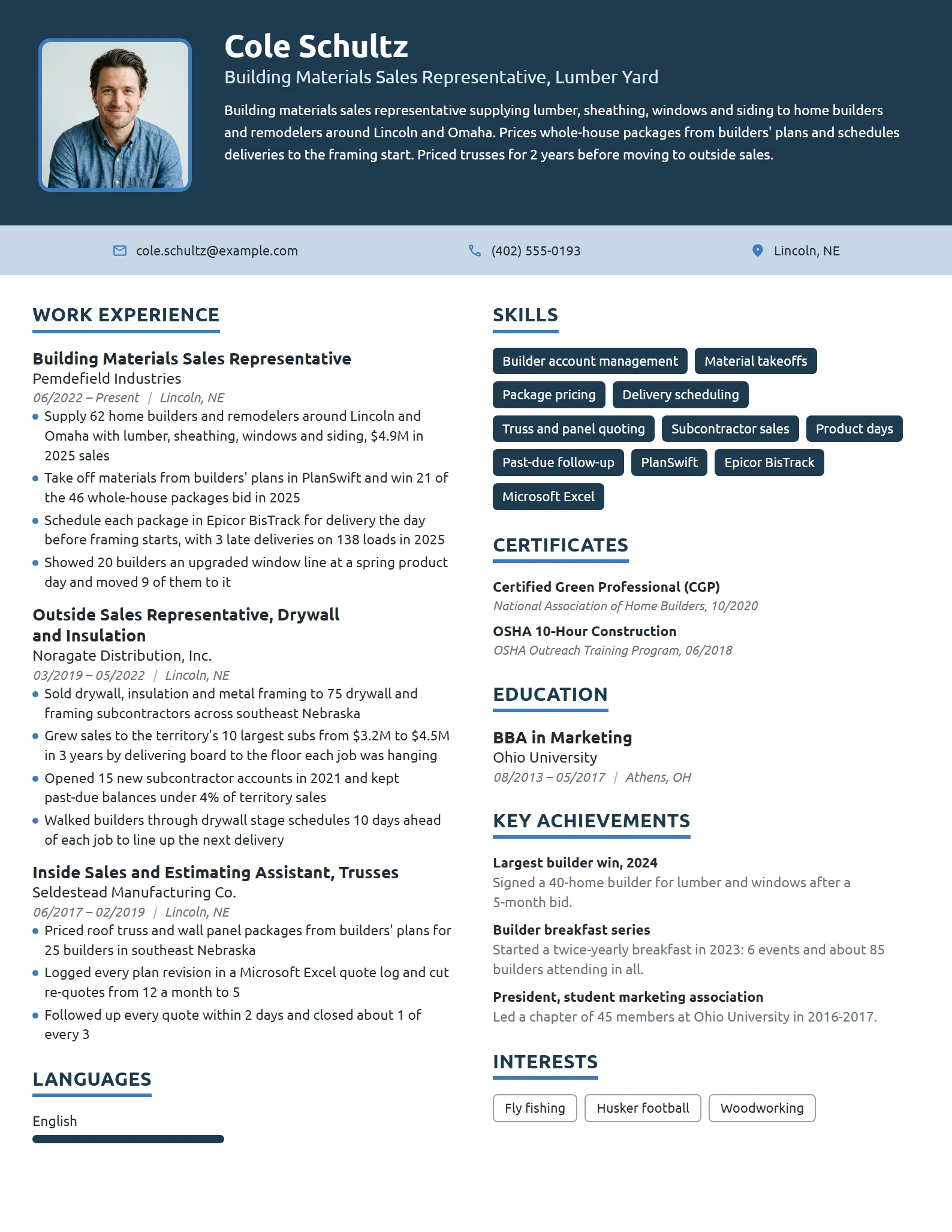 Building Materials Sales Representative resume example