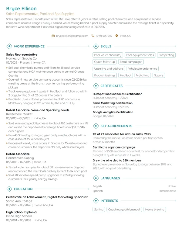 Career Change Sales Representative resume example