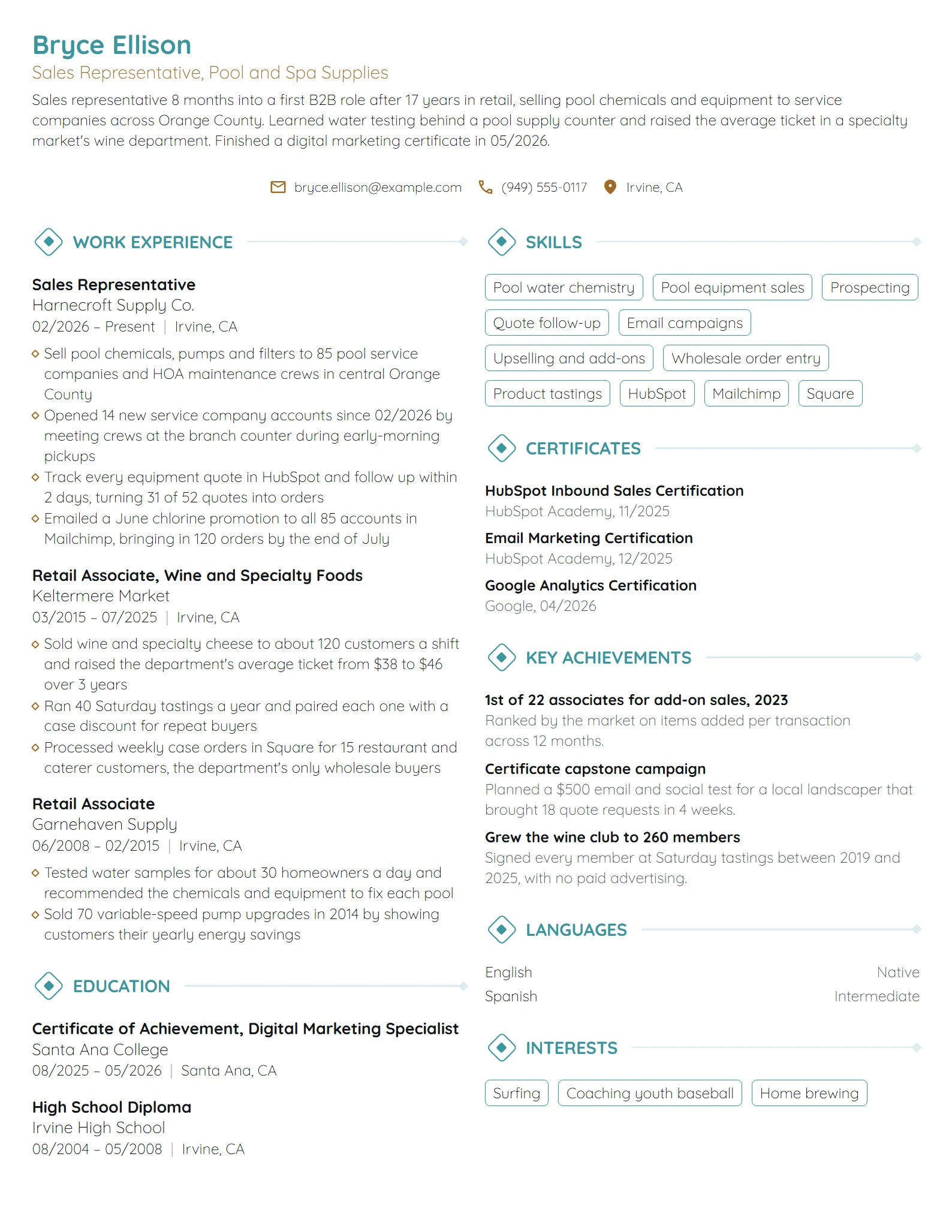 Career Change Sales Representative resume example