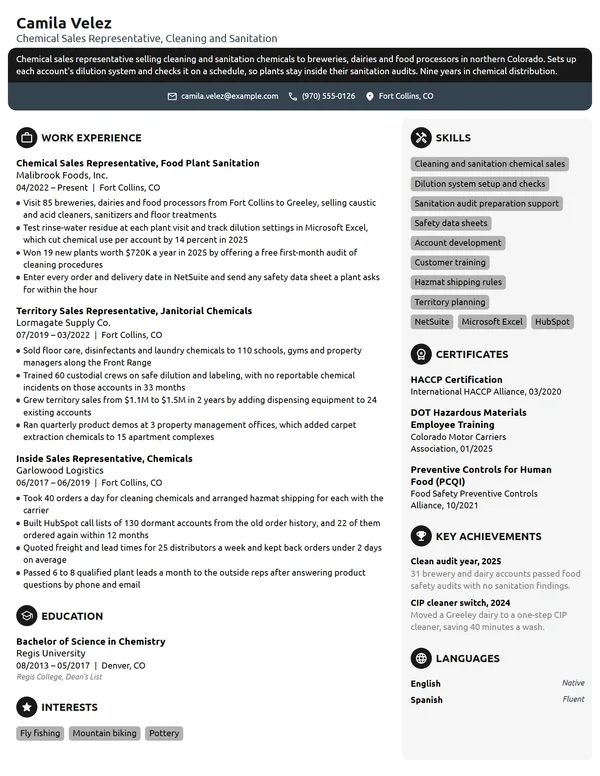 Chemical Sales Representative resume example