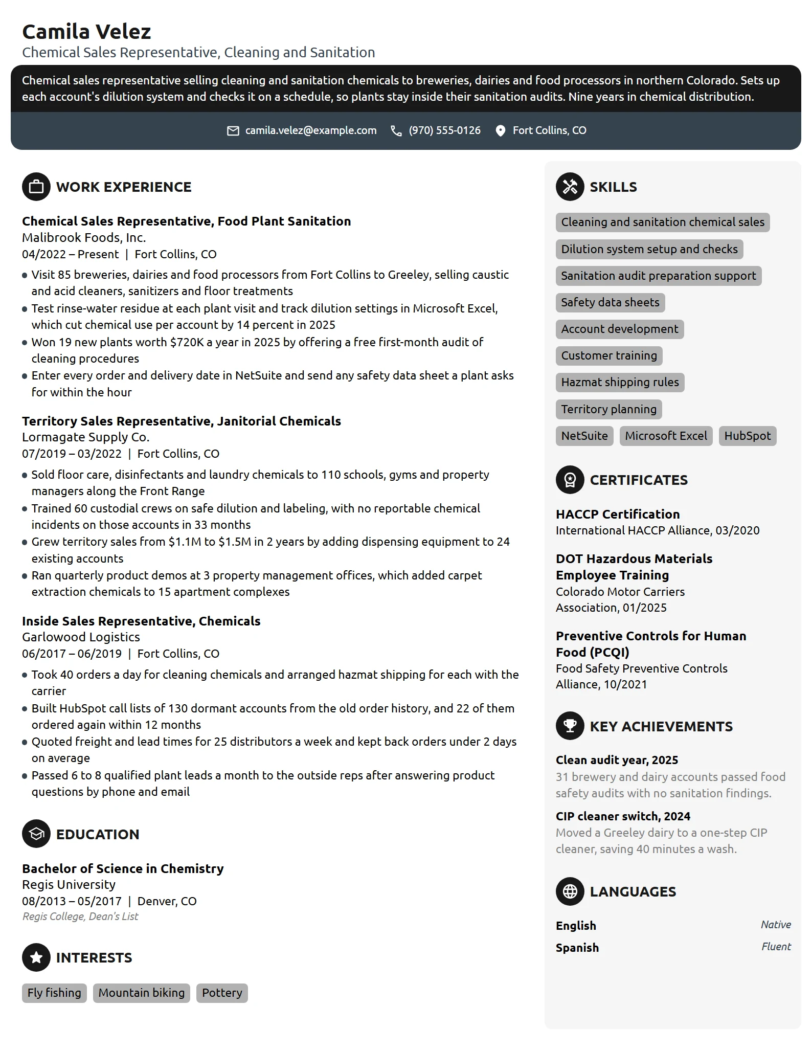 Chemical Sales Representative resume example