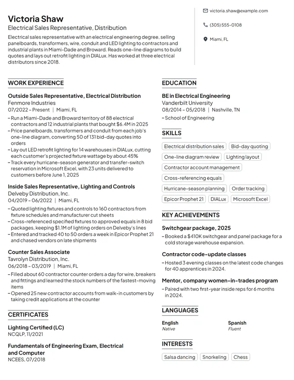 Electrical Sales Representative resume example