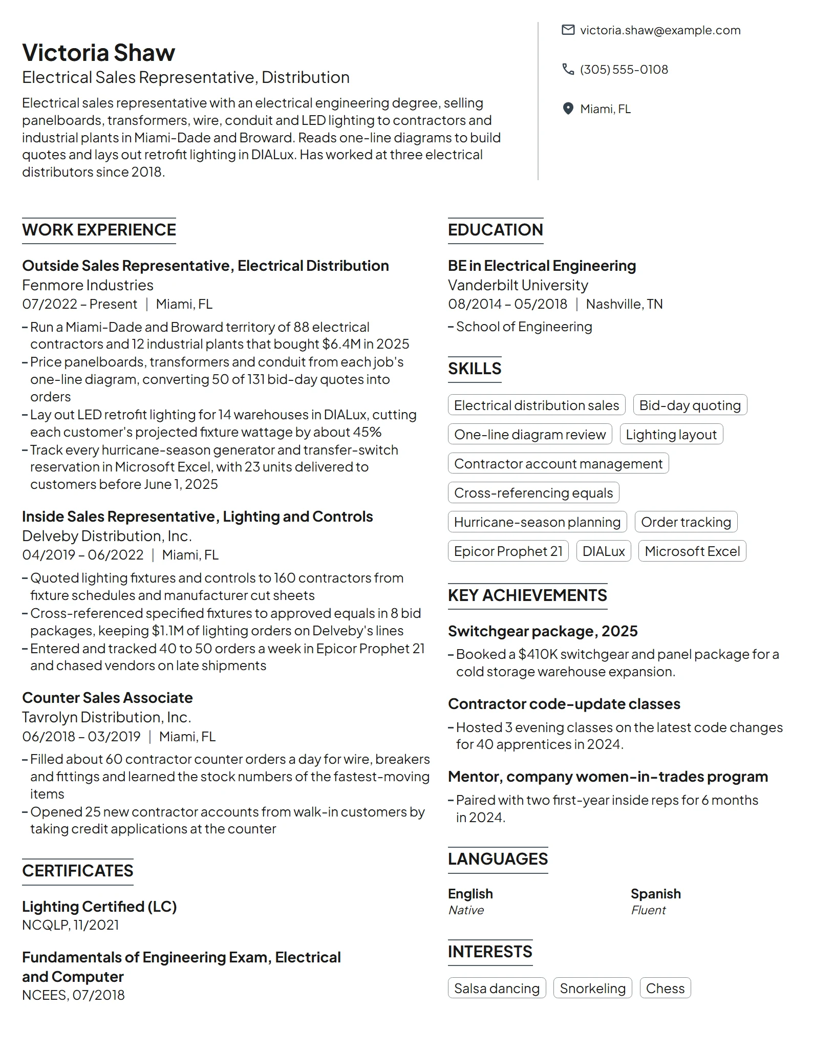 Electrical Sales Representative resume example