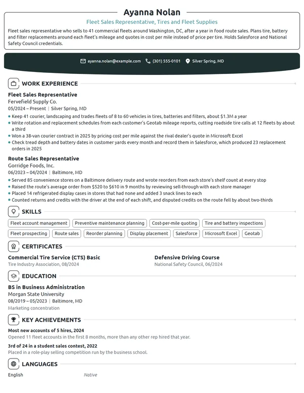 Fleet Sales Representative resume example