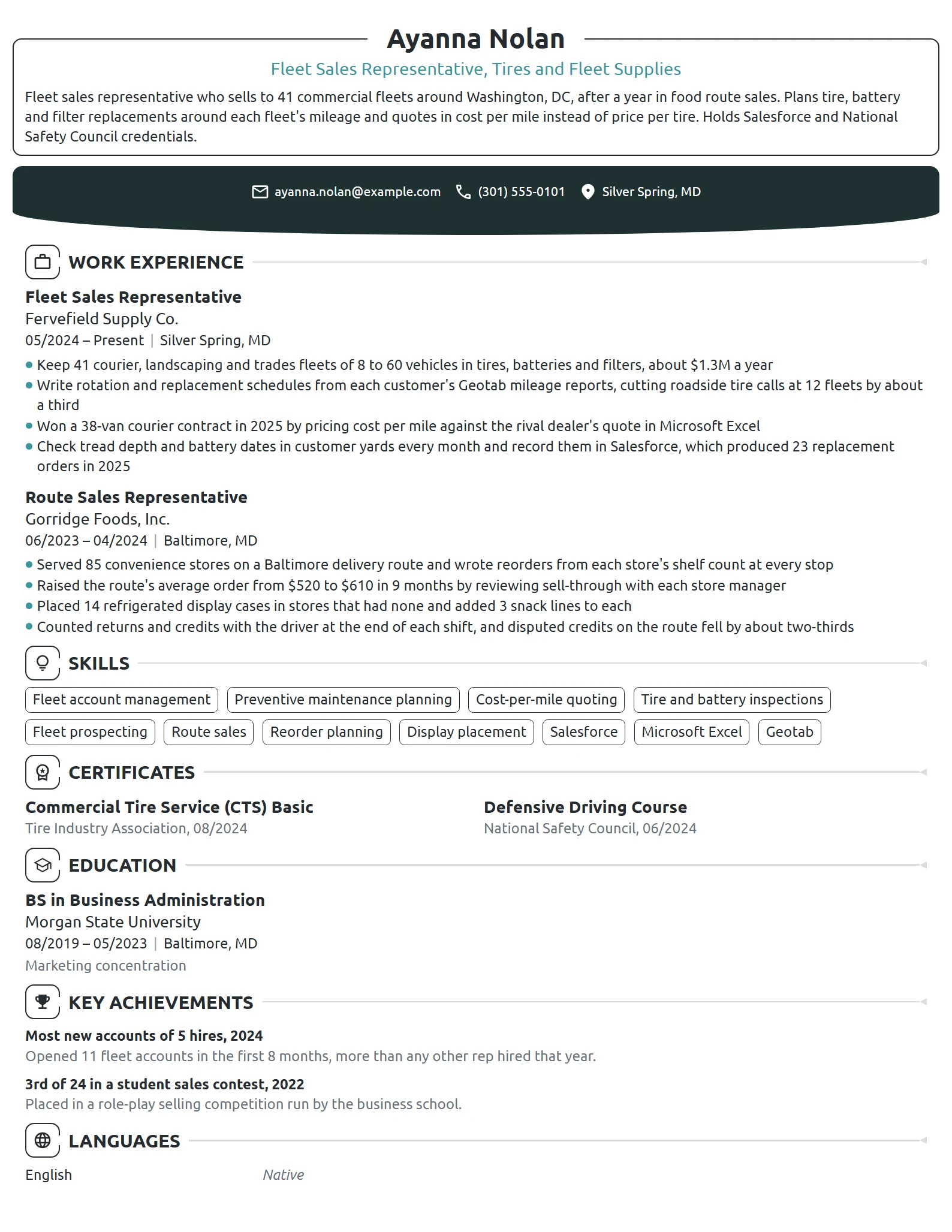 Fleet Sales Representative resume example