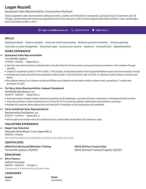 Heavy Equipment Sales Representative resume example