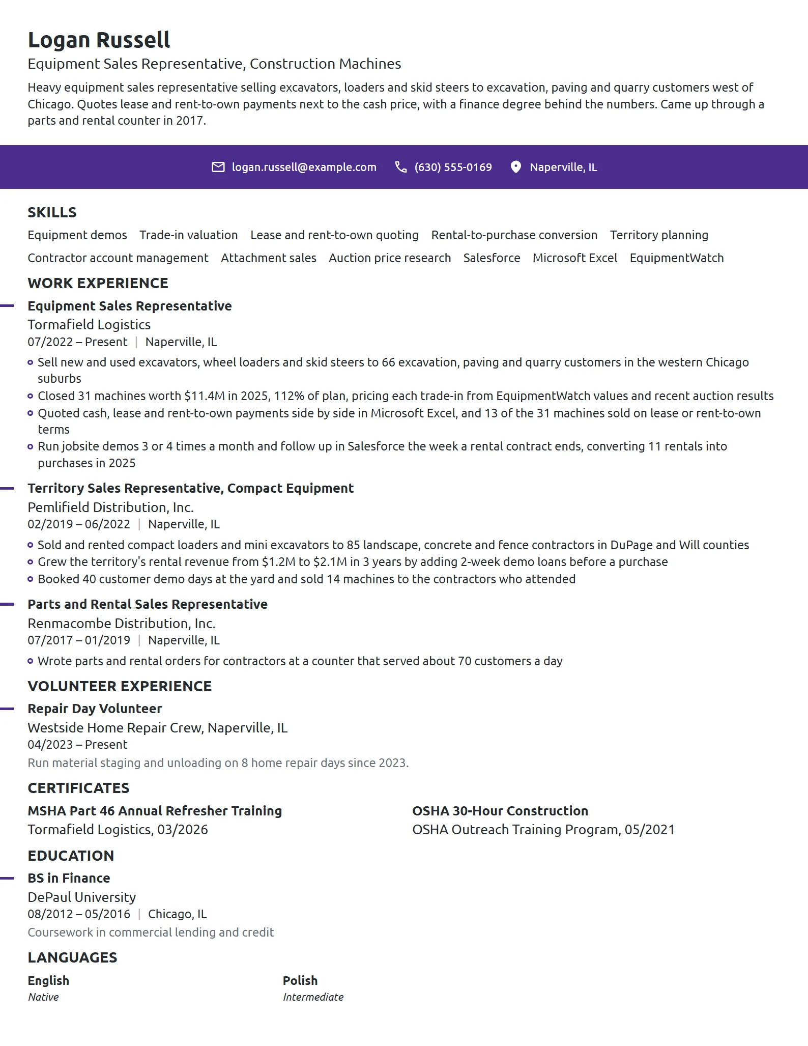 Heavy Equipment Sales Representative resume example