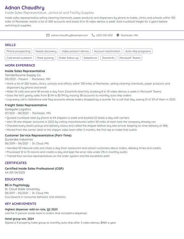 Inside Sales Representative resume example