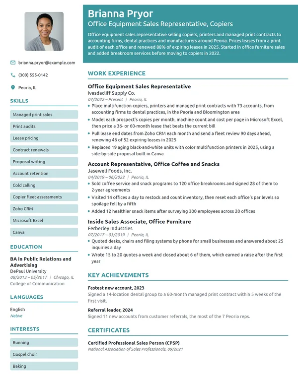 Office Equipment Sales Representative resume example