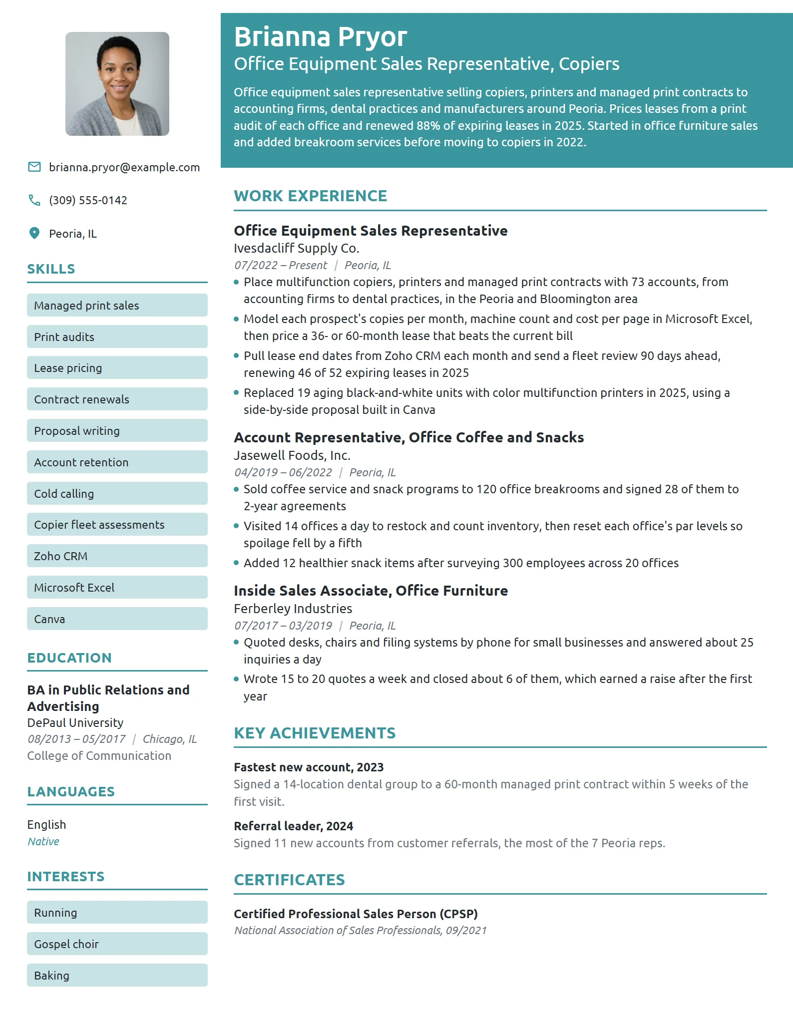 Office Equipment Sales Representative resume example