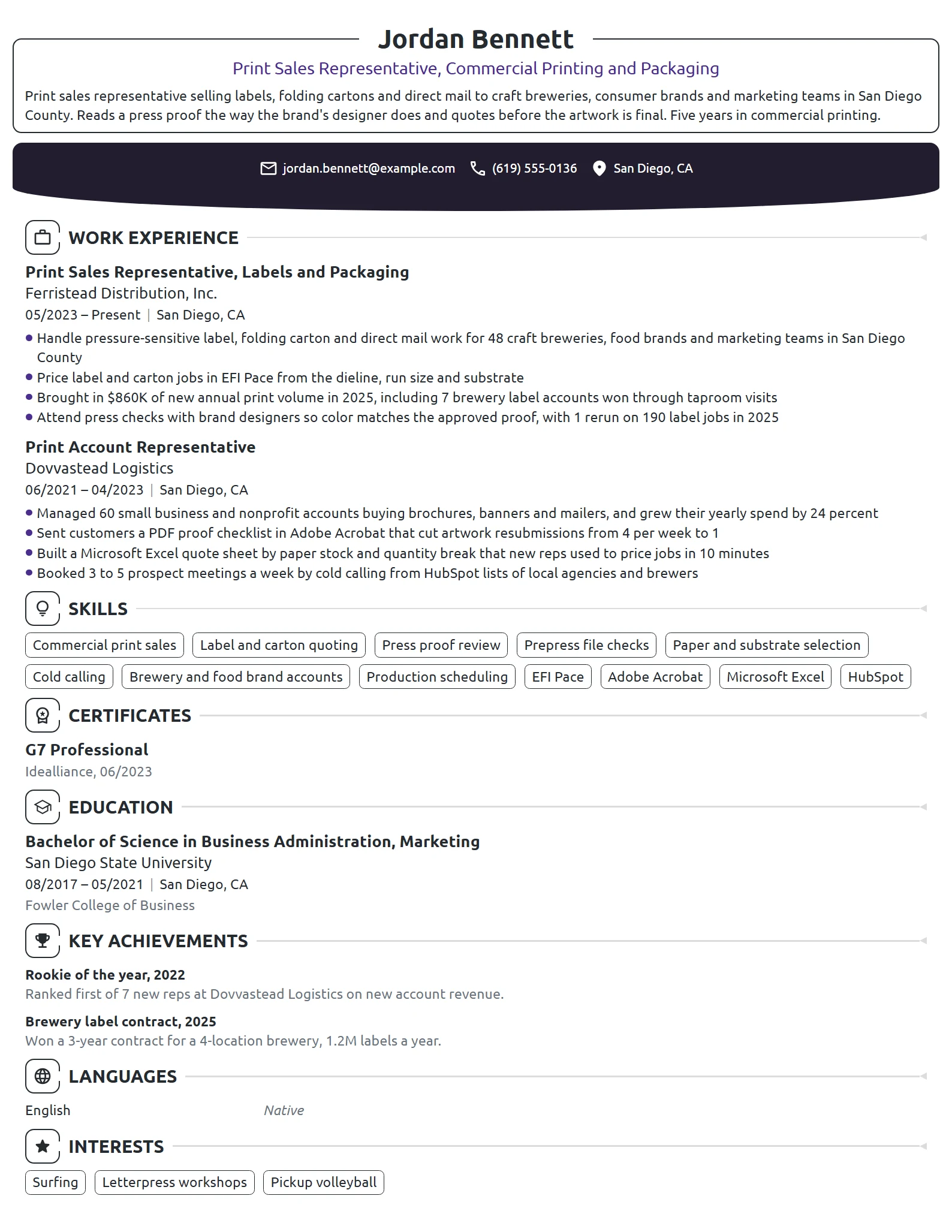 Print Sales Representative resume example