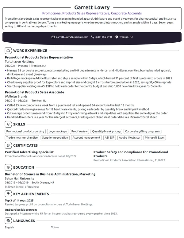 Promotional Products Sales Representative resume example