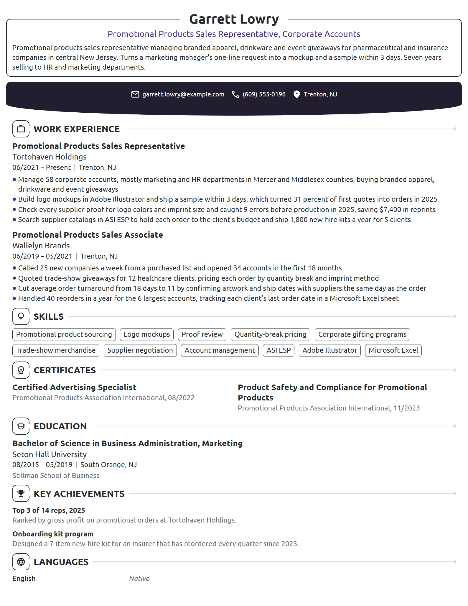 Promotional Products Sales Representative resume example
