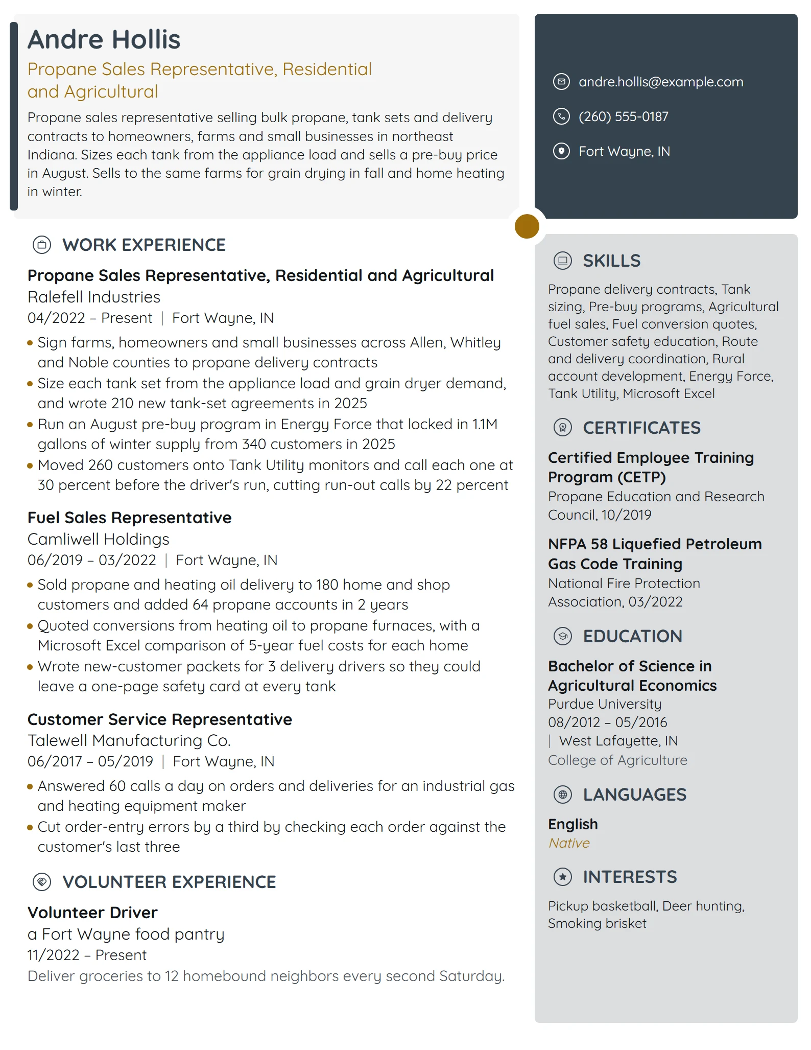 Propane Sales Representative resume example