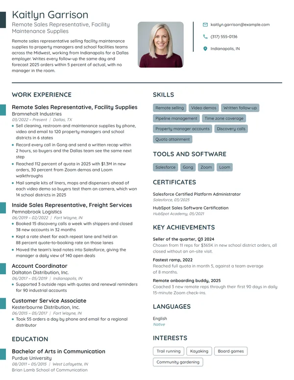Remote Sales Representative resume example