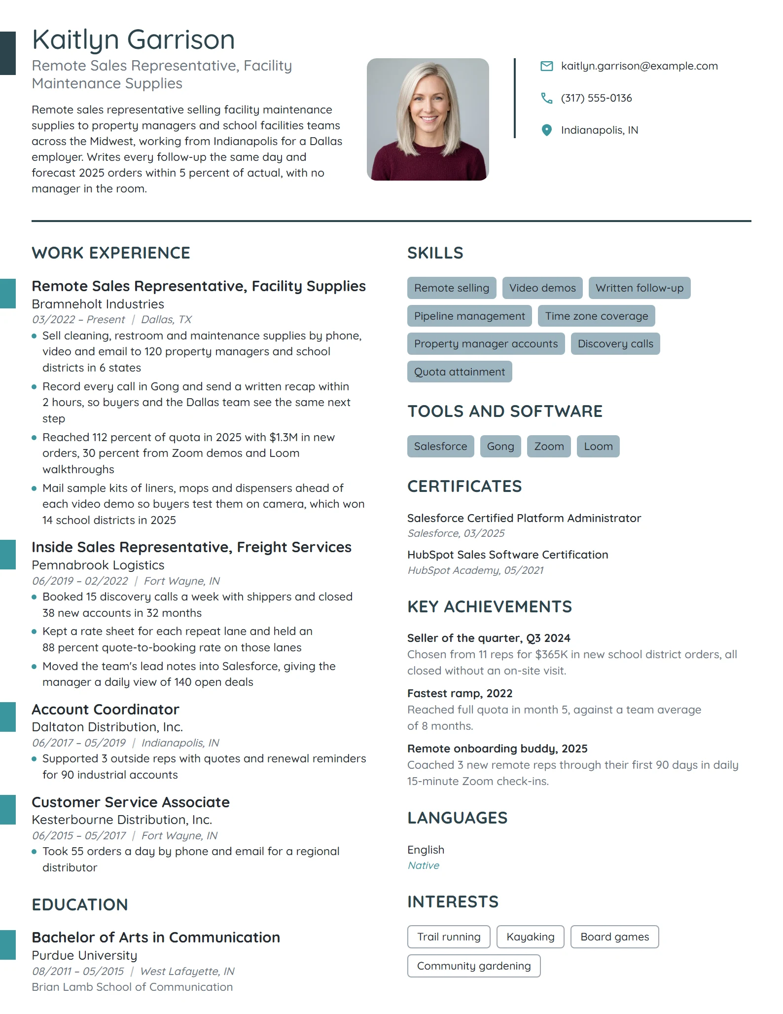 Remote Sales Representative resume example