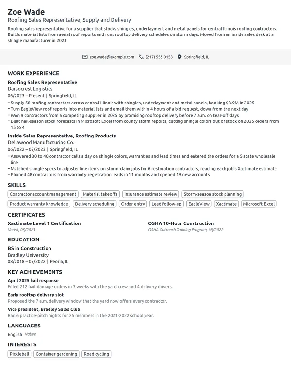 Roofing Sales Representative resume example