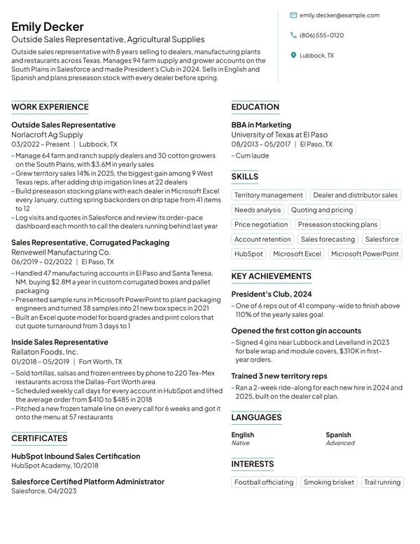 Sales Representative resume example