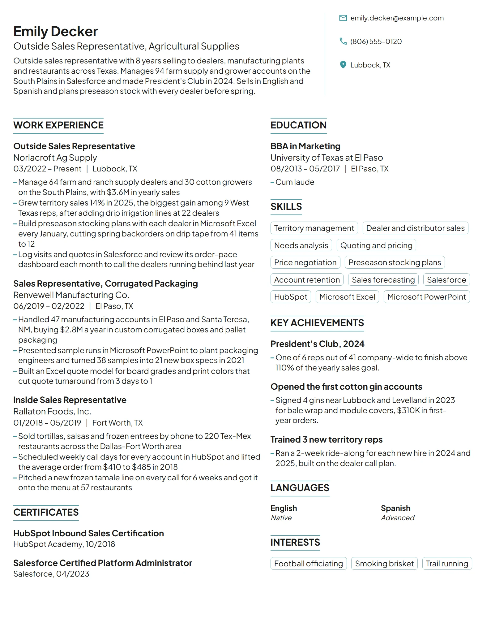 Sales Representative resume example