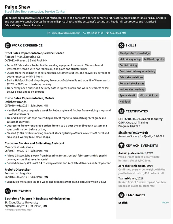 Steel Sales Representative resume example