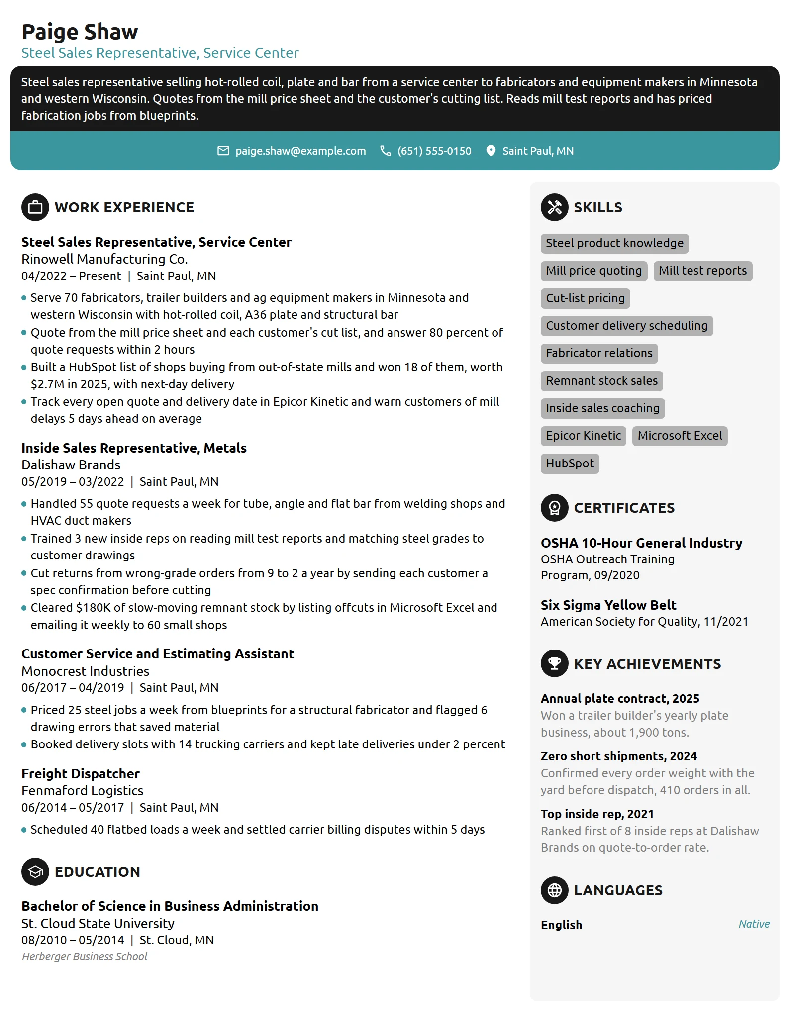Steel Sales Representative resume example