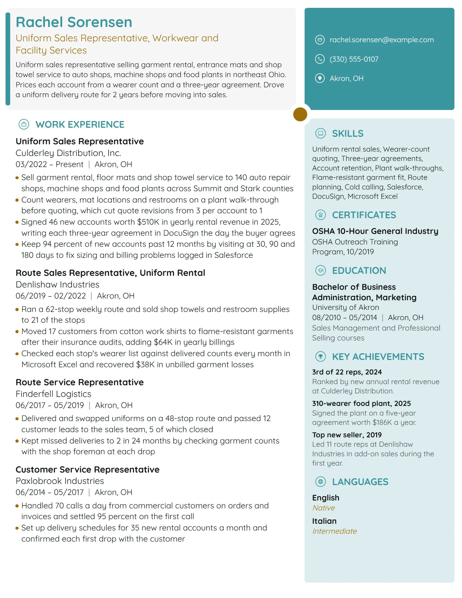 Uniform Sales Representative resume example