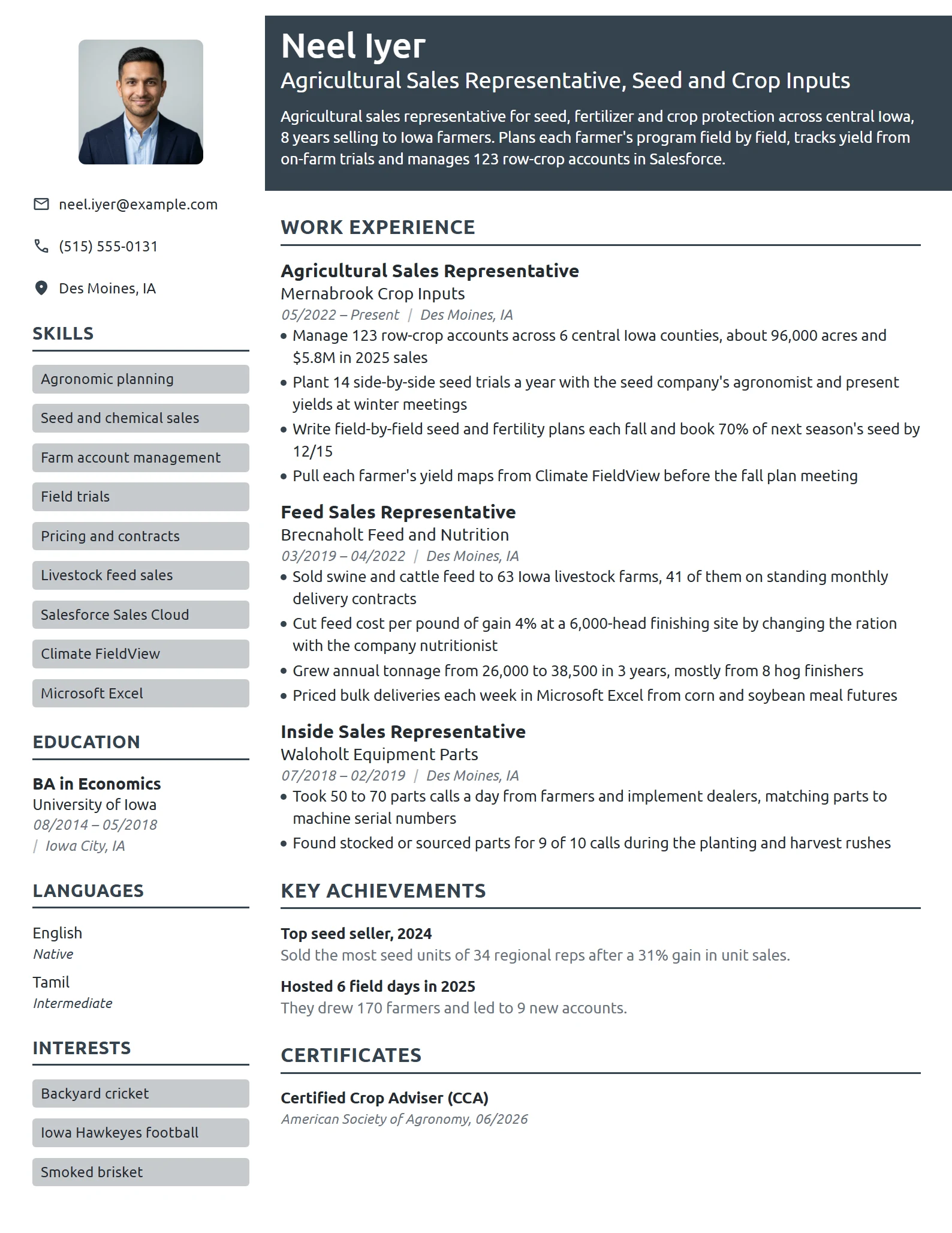 Agricultural Sales Representative resume example