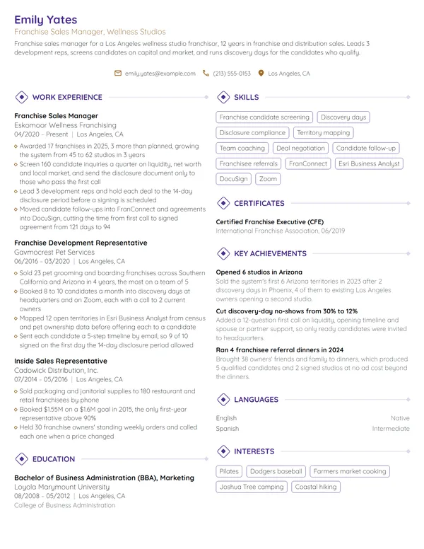 Franchise Sales Manager resume example