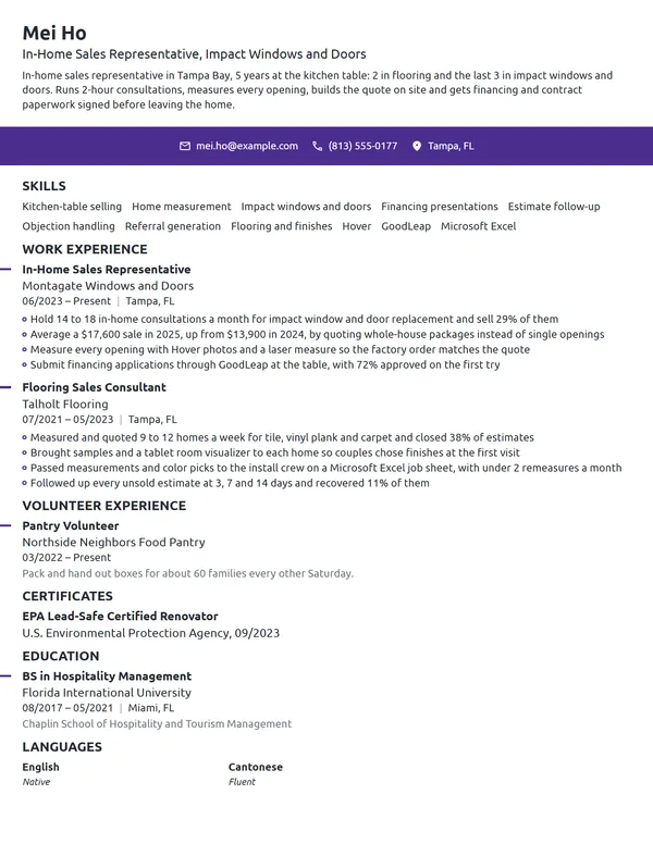In-Home Sales Representative resume example