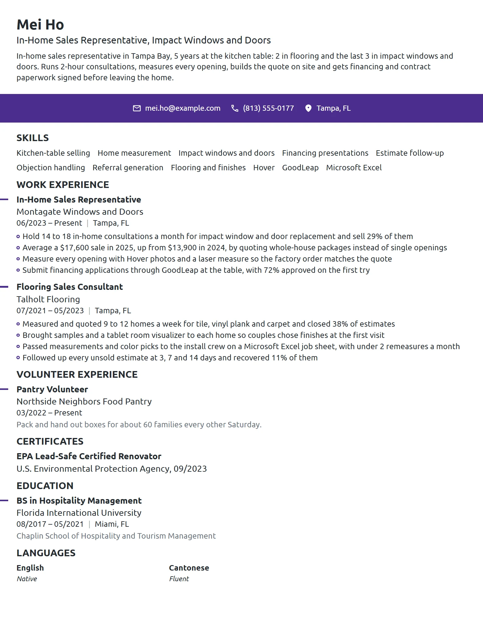 In-Home Sales Representative resume example