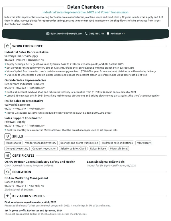 Industrial Sales Representative resume example