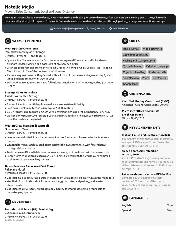 Moving Sales Consultant resume example