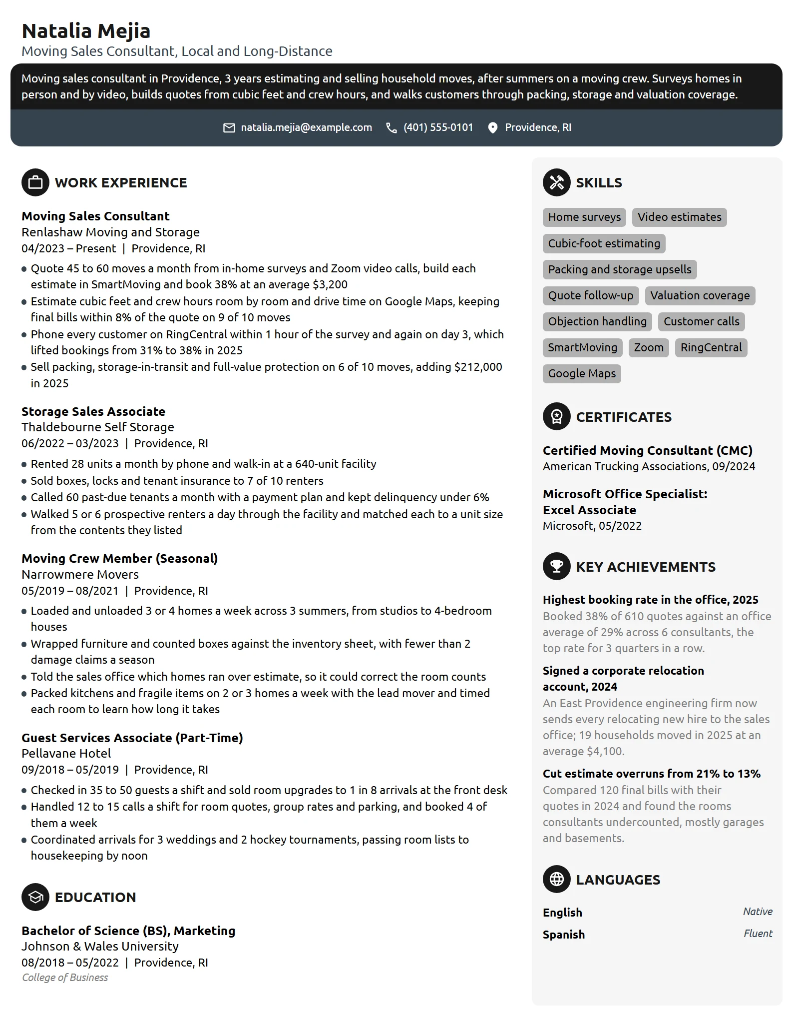 Moving Sales Consultant resume example