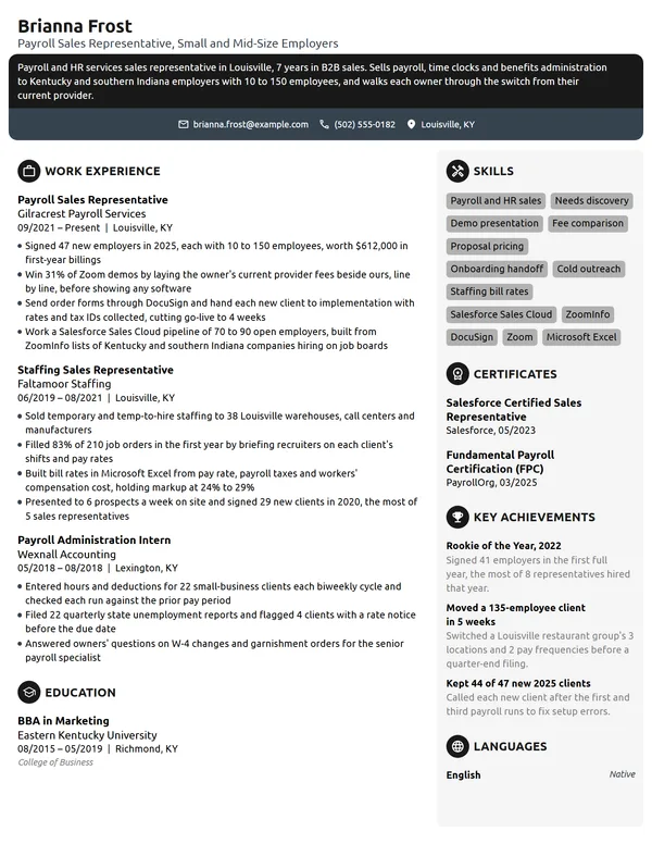 Payroll Sales Representative resume example
